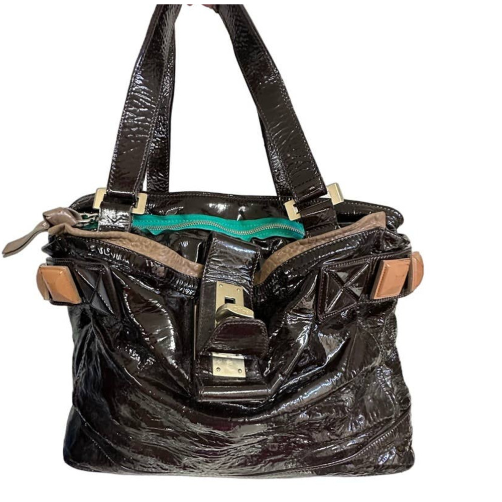 Chloe Brown Patent Leather 'Audra' Tote Large Designer Purse